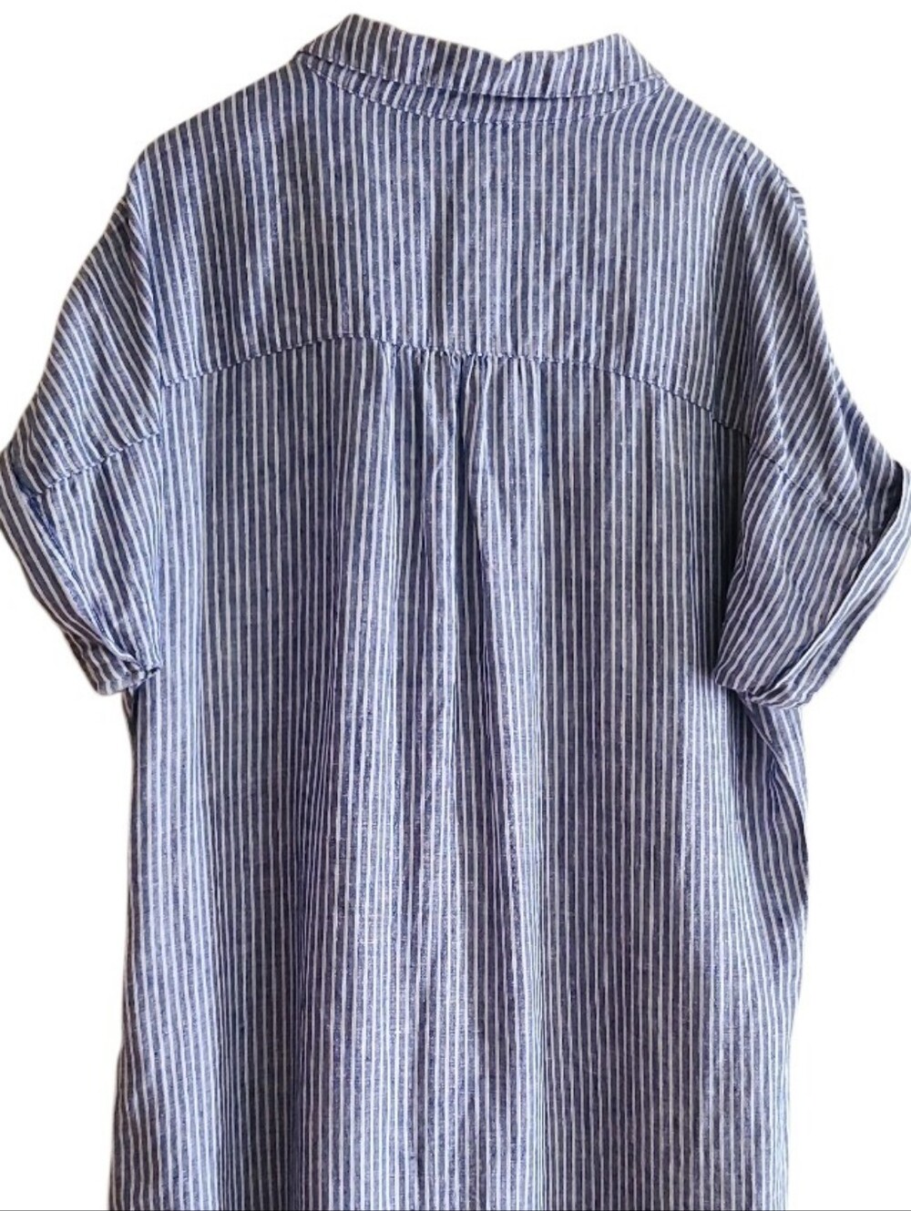 Talbots Petite Drop Waist 100% Linen Stripe Shirt Dress Blue White - Picture 12 of 17